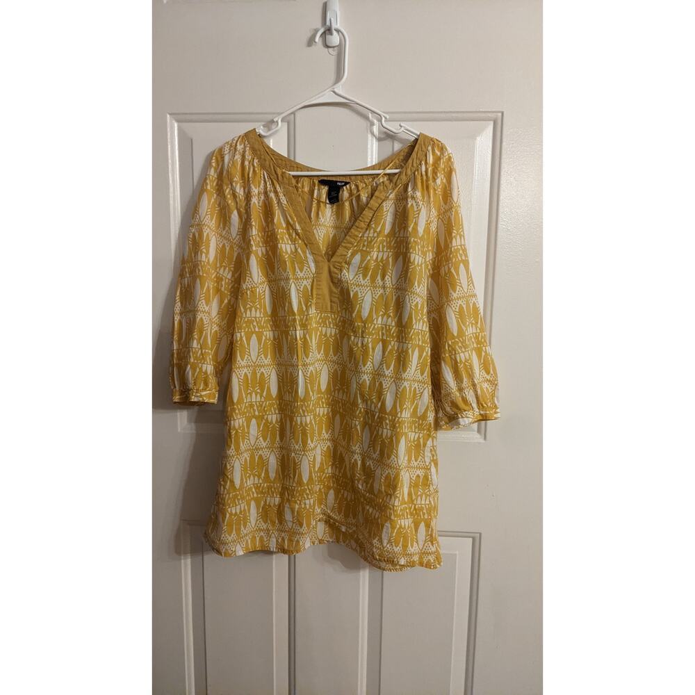 H&M Mustard Boho Tunic, Size 8, Cotton, V Neck with Tie